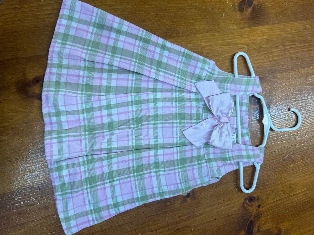 Baby Route 66 Pink & Green Plaid Dress with Satin Bow – 18M